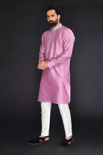 Purple Pure Chanderi Emb. Kurta With Off White Chudidar