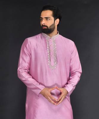 Purple Pure Chanderi Emb. Kurta With Off White Chudidar 5