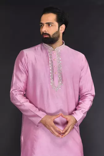 Purple Pure Chanderi Emb. Kurta With Off White Chudidar