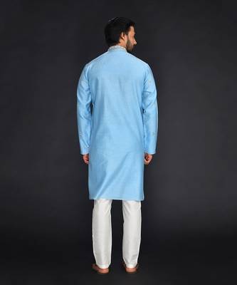 Blue Pure Chanderi Emb. Kurta With Off White Chudidar 2