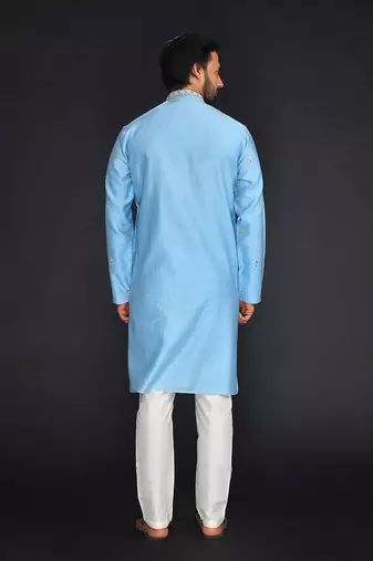 Blue Pure Chanderi Emb. Kurta With Off White Chudidar