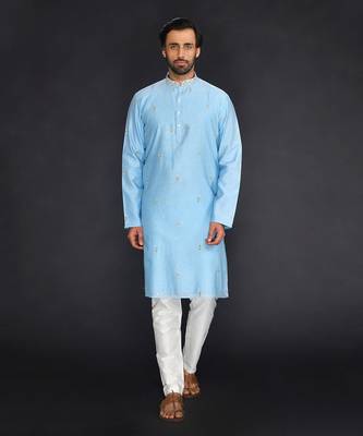 Blue Pure Chanderi Emb. Kurta With Off White Chudidar 1