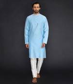 Blue Pure Chanderi Emb. Kurta With Off White Chudidar