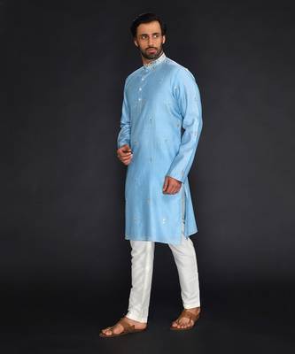 Blue Pure Chanderi Emb. Kurta With Off White Chudidar 3