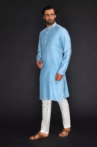 Blue Pure Chanderi Emb. Kurta With Off White Chudidar