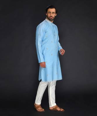 Blue Pure Chanderi Emb. Kurta With Off White Chudidar 4