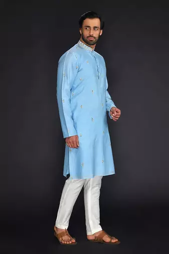 Blue Pure Chanderi Emb. Kurta With Off White Chudidar