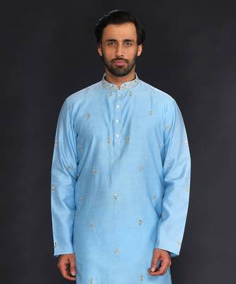 Blue Pure Chanderi Emb. Kurta With Off White Chudidar 5