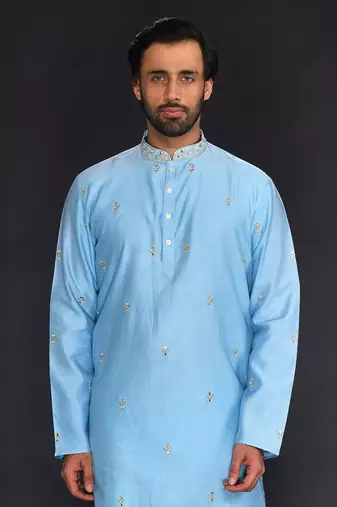 Blue Pure Chanderi Emb. Kurta With Off White Chudidar