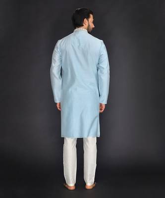 Blue Pure Chanderi Emb. Kurta With Off White Chudidar 2