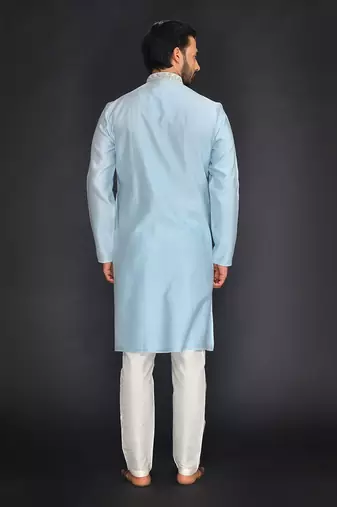 Blue Pure Chanderi Emb. Kurta With Off White Chudidar