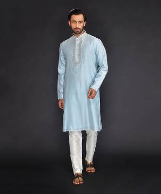 Blue Pure Chanderi Emb. Kurta With Off White Chudidar 1