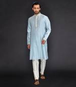 Blue Pure Chanderi Emb. Kurta With Off White Chudidar