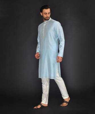 Blue Pure Chanderi Emb. Kurta With Off White Chudidar 3