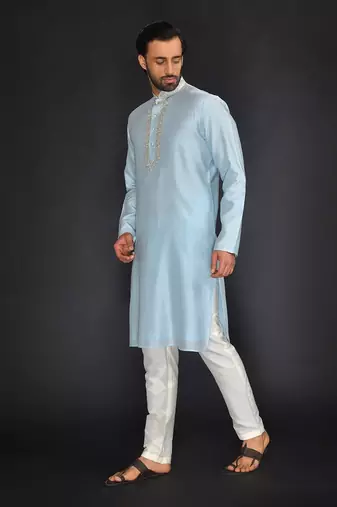 Blue Pure Chanderi Emb. Kurta With Off White Chudidar