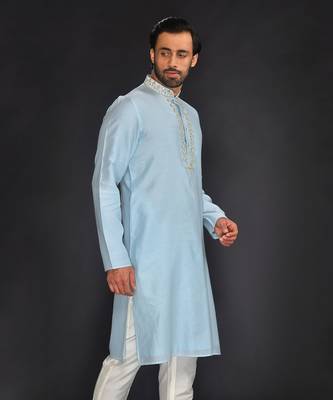 Blue Pure Chanderi Emb. Kurta With Off White Chudidar 4