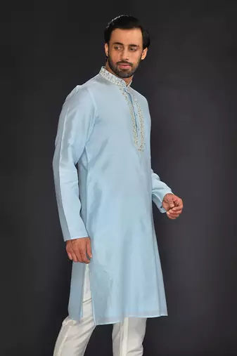 Blue Pure Chanderi Emb. Kurta With Off White Chudidar