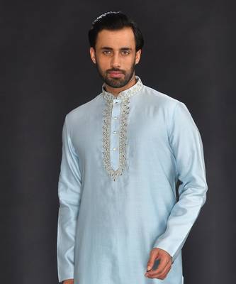 Blue Pure Chanderi Emb. Kurta With Off White Chudidar 5
