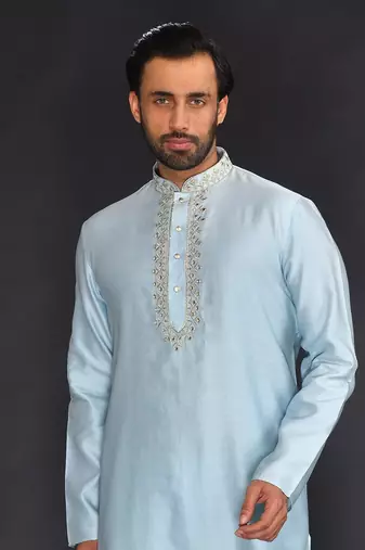 Blue Pure Chanderi Emb. Kurta With Off White Chudidar