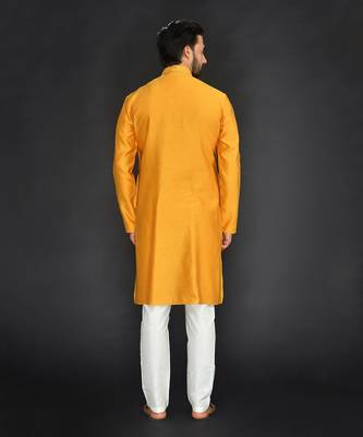 Yellow Pure Chanderi Emb. Kurta With Off White Chudidar 2