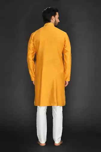 Yellow Pure Chanderi Emb. Kurta With Off White Chudidar