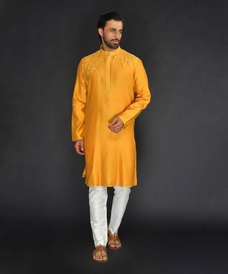 Yellow Pure Chanderi Emb. Kurta With Off White Chudidar 1