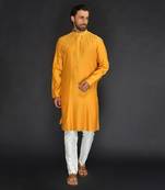Yellow Pure Chanderi Emb. Kurta With Off White Chudidar