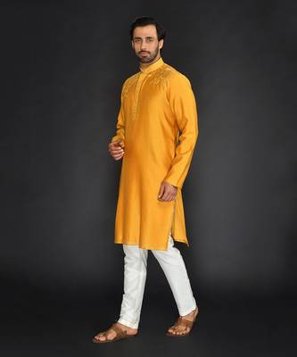 Yellow Pure Chanderi Emb. Kurta With Off White Chudidar 3