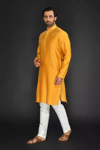 Yellow Pure Chanderi Emb. Kurta With Off White Chudidar