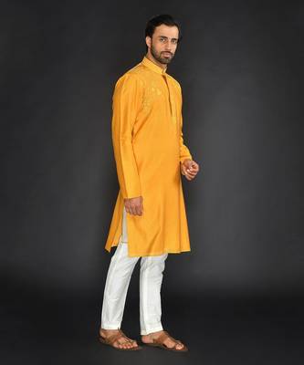 Yellow Pure Chanderi Emb. Kurta With Off White Chudidar 4