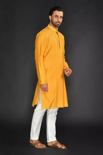 Yellow Pure Chanderi Emb. Kurta With Off White Chudidar