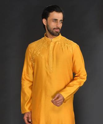 Yellow Pure Chanderi Emb. Kurta With Off White Chudidar 5