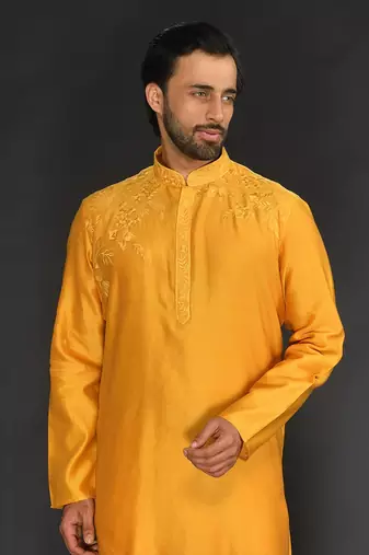 Yellow Pure Chanderi Emb. Kurta With Off White Chudidar