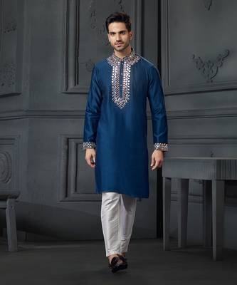 Teal Blue Pure Chanderi Emb. Kurta With Off White Chudidar 1