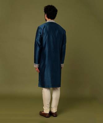 Teal Blue Pure Chanderi Emb. Kurta With Off White Chudidar 2
