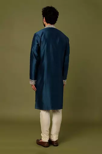 Teal Blue Pure Chanderi Emb. Kurta With Off White Chudidar