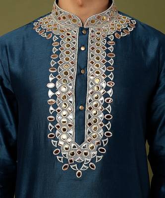 Teal Blue Pure Chanderi Emb. Kurta With Off White Chudidar 3