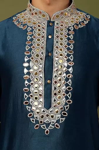 Teal Blue Pure Chanderi Emb. Kurta With Off White Chudidar