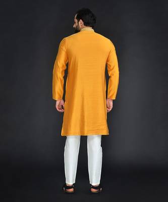 Yellow Pure Chanderi Emb. Kurta With Off White Chudidar 2