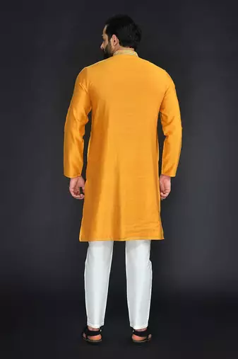 Yellow Pure Chanderi Emb. Kurta With Off White Chudidar
