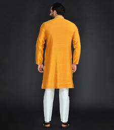 Yellow Pure Chanderi Emb. Kurta With Off White Chudidar