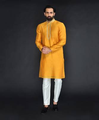 Yellow Pure Chanderi Emb. Kurta With Off White Chudidar 1