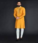 Yellow Pure Chanderi Emb. Kurta With Off White Chudidar