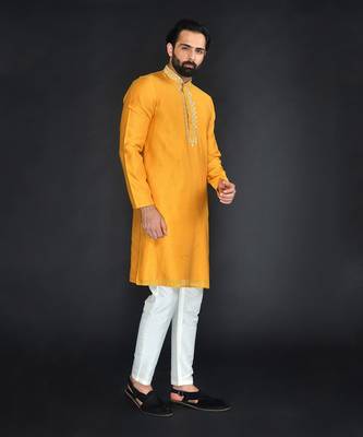 Yellow Pure Chanderi Emb. Kurta With Off White Chudidar 3