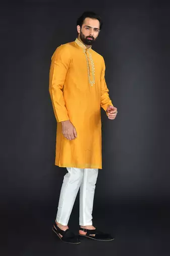 Yellow Pure Chanderi Emb. Kurta With Off White Chudidar