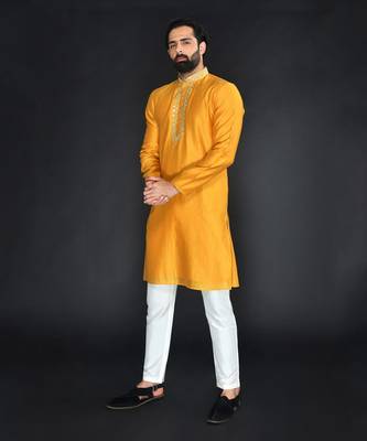 Yellow Pure Chanderi Emb. Kurta With Off White Chudidar 4