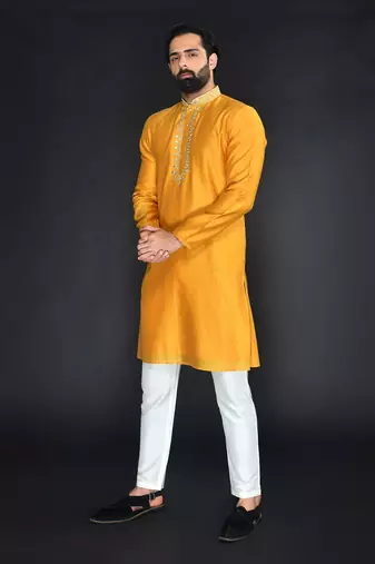 Yellow Pure Chanderi Emb. Kurta With Off White Chudidar