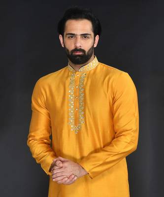 Yellow Pure Chanderi Emb. Kurta With Off White Chudidar 5