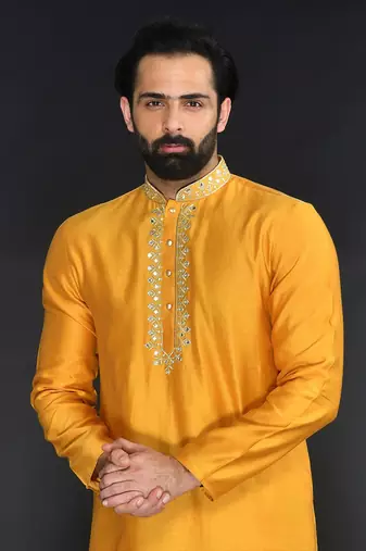 Yellow Pure Chanderi Emb. Kurta With Off White Chudidar