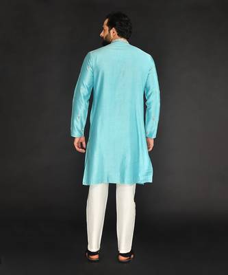 Blue Pure Chanderi Emb. Kurta With Off White Chudidar 2